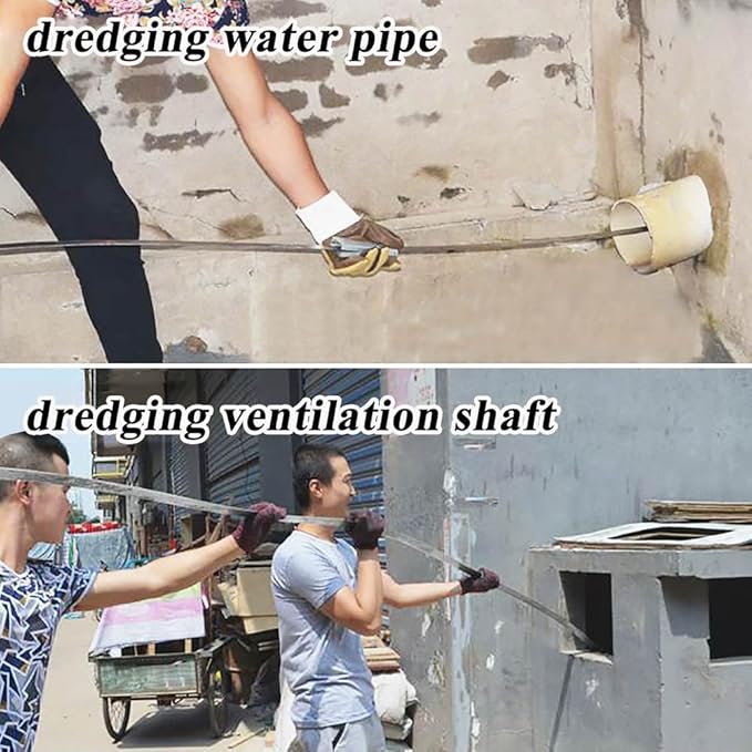 Heavy Duty Sewer Drain Snake for Outdoor,Manual,Flat,Length 15m/49.2ft,Width 2.5cm/1inch,Thickness 2.5mm/0.1inch,Manganese Steel,Sewer Plumbing Snake Tool