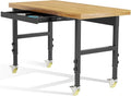 48” Adjustable Wood Work Bench, Heavy Duty Work Table with Power Outlets & Drawers Wheels for Workshop, Garage, 3000 Lbs Capacity