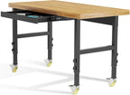 48” Adjustable Wood Work Bench, Heavy Duty Work Table with Power Outlets & Drawers Wheels for Workshop, Garage, 3000 Lbs Capacity