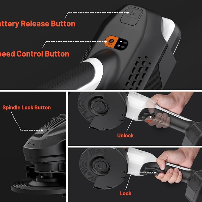 Litheli 20V Brushless Cordless Angle Grinder, 4.9-Inch Variable Speed Grinder with Battery & Charging Cord, Max 8500 RPM, for Metal, Wood, Tile (Adapter Not Included)