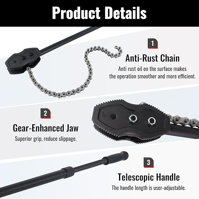 YHK Chain Pipe Wrench, Chain Tongs with 41.3" Chain Length and 35.4”-47.2” Telescopic Handle Length, Chain Wrench for Pipe Installation, Repair, and Maintenance, Fit for 1-1/2"-8" Pipe Diameters