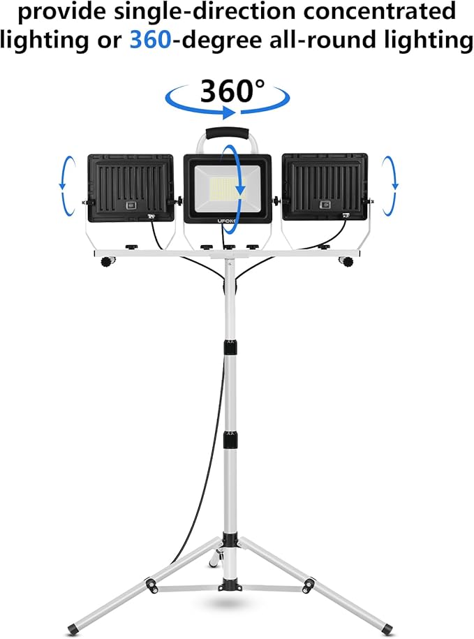 UFOND 22000 Lumen LED Work Light with Stand,3 Head Portable Work Lights with Individual Switch,Waterproof Work Lamp, Adjustable Metal Telescoping Tripod with Power Cord