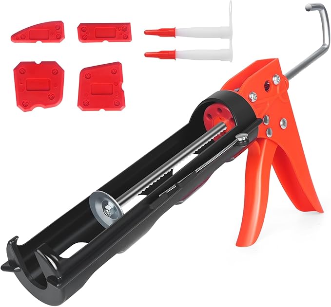 Caulk Gun, No Drip Silicone Caulking Gun,Hand Caulking Gun with Comfort Grip and 360° Rotary Design, 15:1 Thrust Ratio Caulk Guns, Smooth Round Rod for 10oz Caulk Tubes, Ideal for Tiles, Window Joints