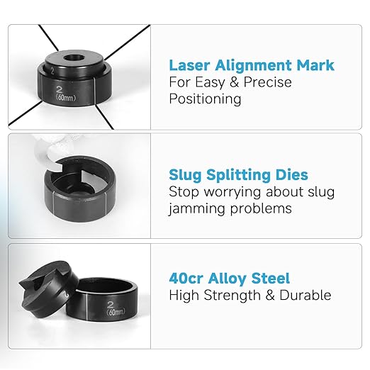 Hydraulic Knockout Punch Set KO Tool 10T - Electrical Conduit Hole Cutter with 6 Dies (1/2", 3/4", 1", 1-1/4", 1-1/2", and 2") Heavy-Duty Metal Punch with Slug Splitting Dies