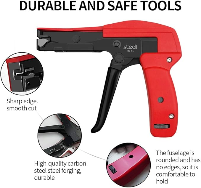 stedi Cable Tie Gun, Ergonomic Hand Operated Zip Tie Gun [Premium], Sharp and Wear Resistant, Cable Wire Fastening and Cut-Off Tie Tool, Special for Cut Plastic Nylon Ties, Red, 6.3 Inches Length