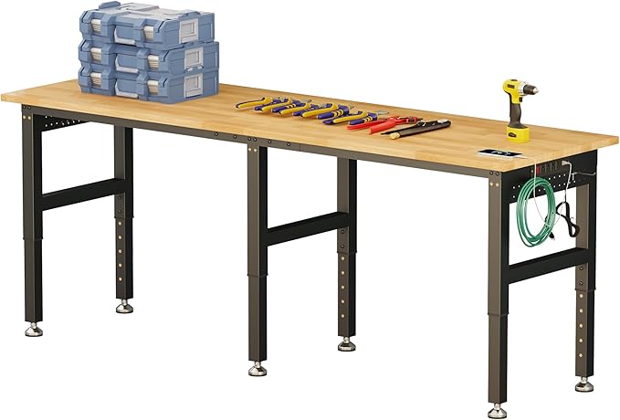 SPECRAFT 84“ Adjustable Heavy Duty Workbench with 4 AC Outlet and 2 USB Ports Power Outlets, 5000 Lbs Capacity, Rubber Wood Top for Garage, Workshop, Office