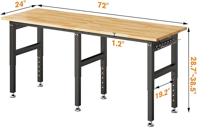 SPECRAFT 72“ Adjustable Heavy Duty Workbench with 4 AC Outlet and 2 USB Ports Power Outlets, 5000 Lbs Capacity, Rubber Wood Top for Garage, Workshop, Office