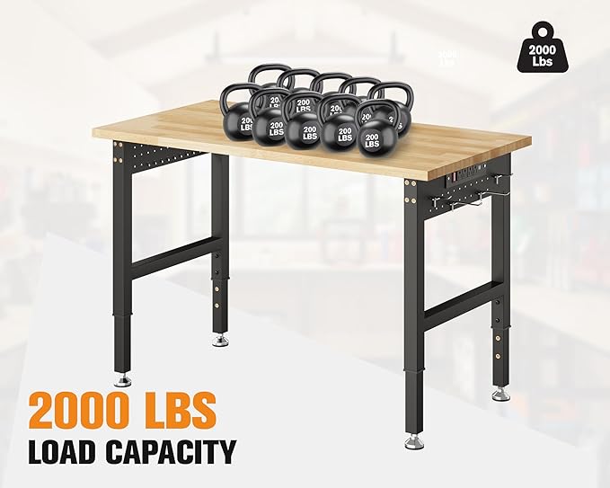 SPECRAFT Adjustable Heavy Duty Workbench with 4 AC Outlet and 2 USB Ports Power Outlets, 2000 Lbs Capacity, Rubber Wood Top for Garage, Workshop, Office