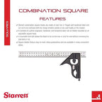 Starrett Steel Combination Square with Square Head - 300mm Blade Length, Cast Iron Heads, Reversible Lock Bolt, Scriber, Spirit Level, 35 Graduation Type - 11MH-300