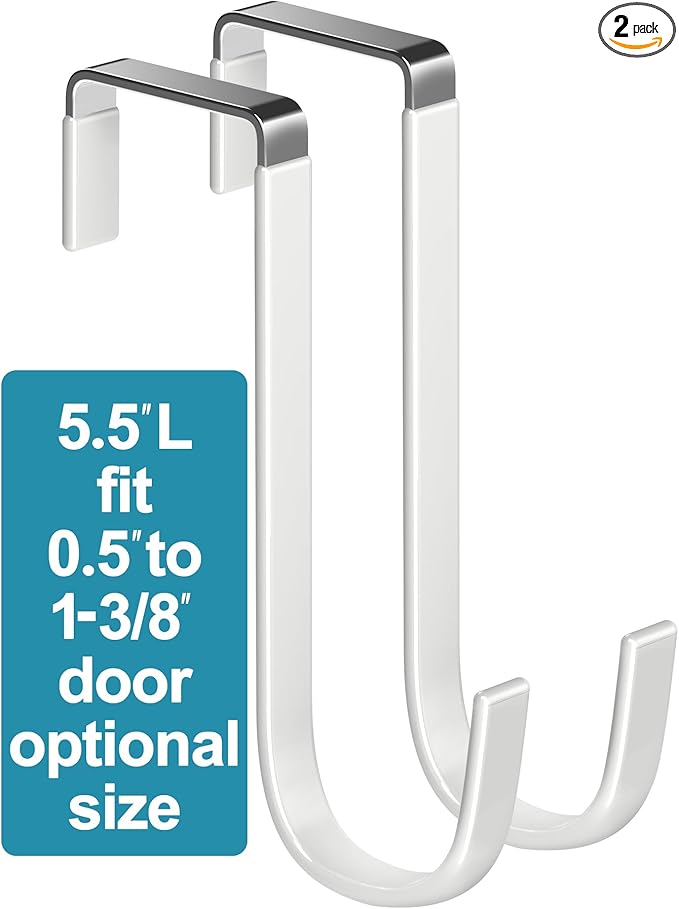 Over The Door Metal Hooks with Plastic Coating 5.5" Fit 0.5" to 1 3/8" Door 2 Pcs Heavy Duty Single Towel Robe Rack Wreath Bathroom Shower Hanger Shoe Organizer Ironing Board Short White