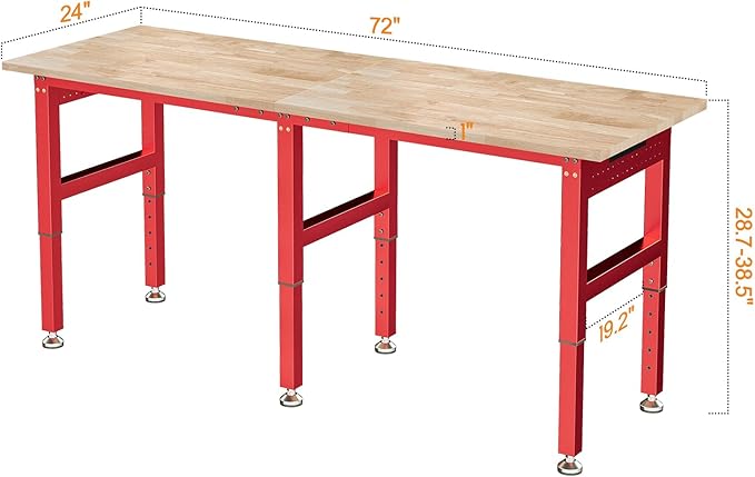 SPECRAFT 72" Red Adjustable Heavy Duty Workbench with 4 AC Outlet and 2 USB Ports Power Outlets, 5000 Lbs Capacity, Rubber Wood Top for Garage, Workshop, Office