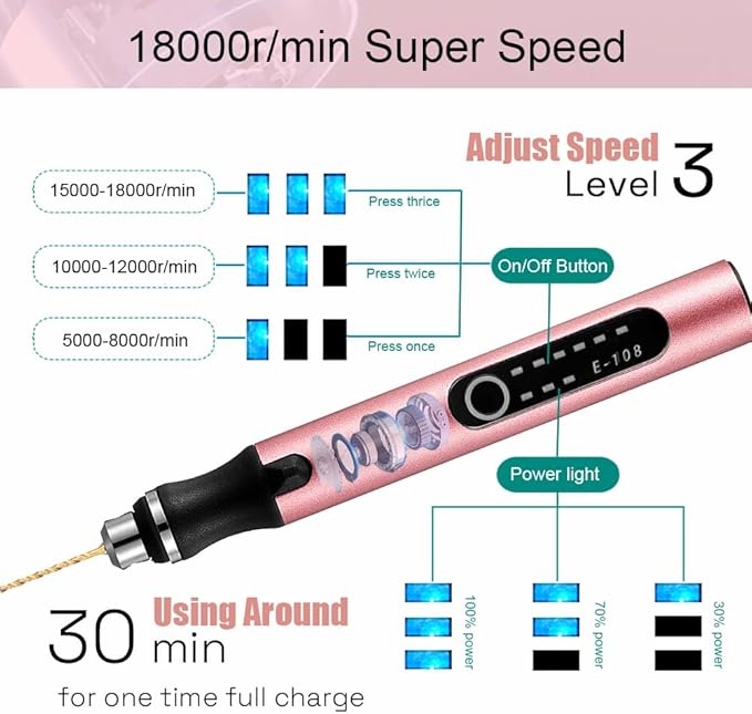 3-Speed Cordless Mini Drill Pen With 8 Small Drill Bits,Rechargeable Electric Hand Drill Pin Vise,Resin Drill Set For Jewelry Making,Resin,Plastic,Wood,Keychains DIY (PINK)