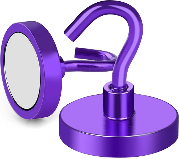 MIKEDE Strong Magnetic Hooks, 110Lbs Heavy Duty Magnetic Hooks for Cruise, Neodymium Earth Magnets with Hooks for Hanging, Super Metal Industrial Magnets for Grill, Storage (Purple,10 Pack)