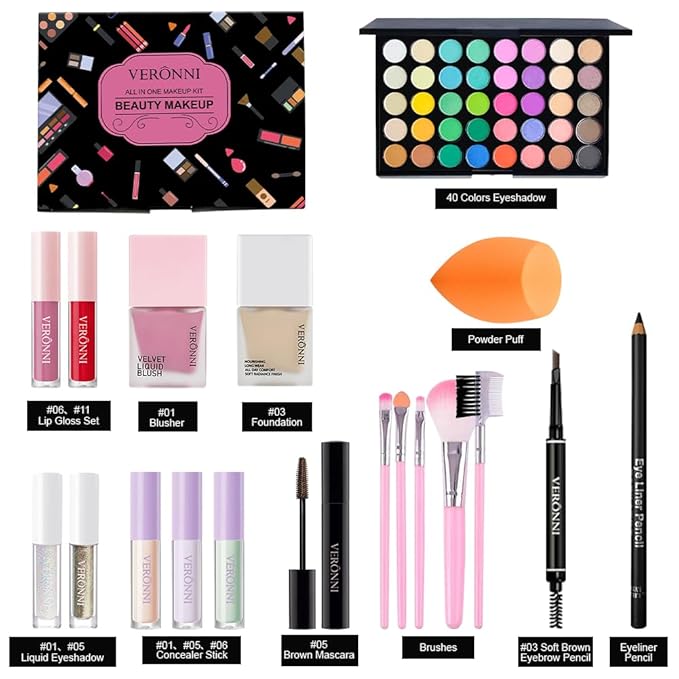 Makeup Kit for Women Full Kit, All in one makeup kit with Eyeshadow Eyeliner Eyebrow Lip Gloss Face Makeup & Brushes Full Starter Cosmetics Set For Girls & Teens (Set A)-VeraVaultWomen