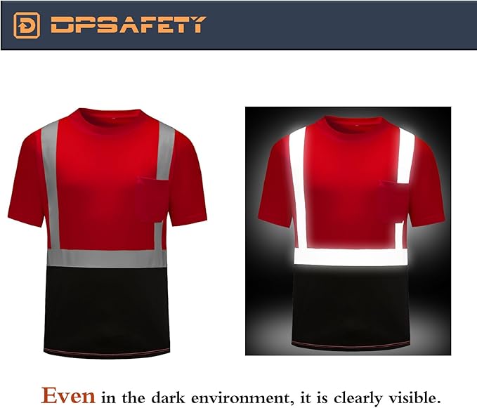 High Visibility Shirts Quick Dry Safety T Shirts with Reflective Strips and Pocket Short Sleeve Mesh Hi Vis Construction Work Class 2 Shirt for Men/Women Black Bottom Red,XL