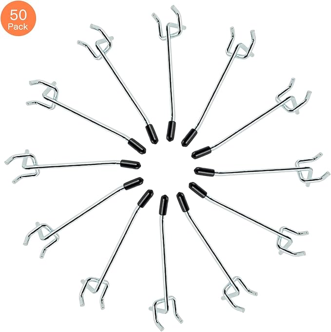 L Shape Pegboard Hooks, 4 Inch 50-Pack, Sturdy Galvanized Metal, Suitable for 1/4 and 1/8 Inch, Rubber Tipped, For Garage, Office, Kitchen, Store (Silver)