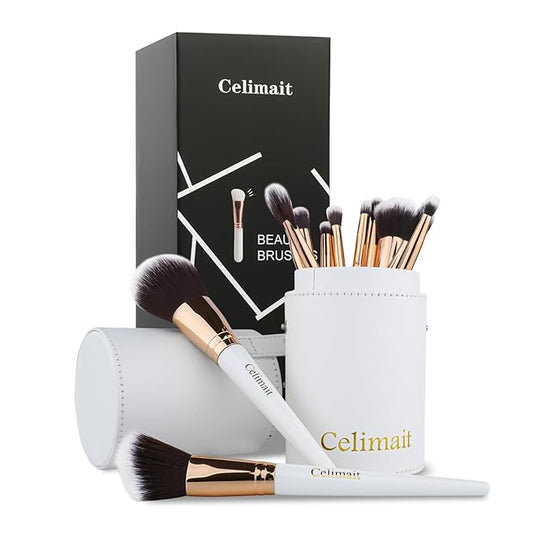 Makeup Brushes Set 12 Piece Professional & Beginner Friendly, Soft Synthetic Bristles for Face Eyeshadow Blending, Easy to Clean Travel Ready with Case, Ergonomic Wooden Handle Hypoallergenic (White)-VeraVaultWomen