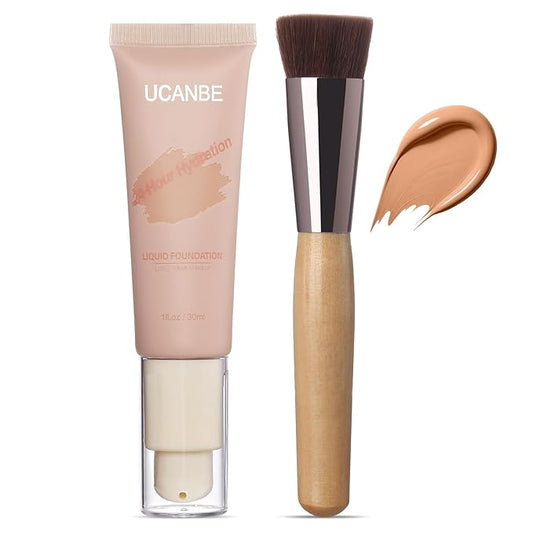UCANBE Matte Liquid Foundation with Brush, Skincare Serum Foundation Face Makeup with Hyaluronic Acid, Medium to Full Coverage Waterproof Oil Control Longwear, for Mature Skin, Nude Beige, 1 fl. oz.-VeraVaultWomen
