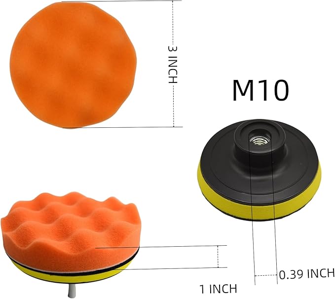 10Pcs 3Inch Face Backing Plate Compound Buffing Polishing Sponge Pads Waffle Foam Buffing Polishing Pads Kit with Woolen Cutting Pad and 3Inch Backing Plate M10 Drill Adapter