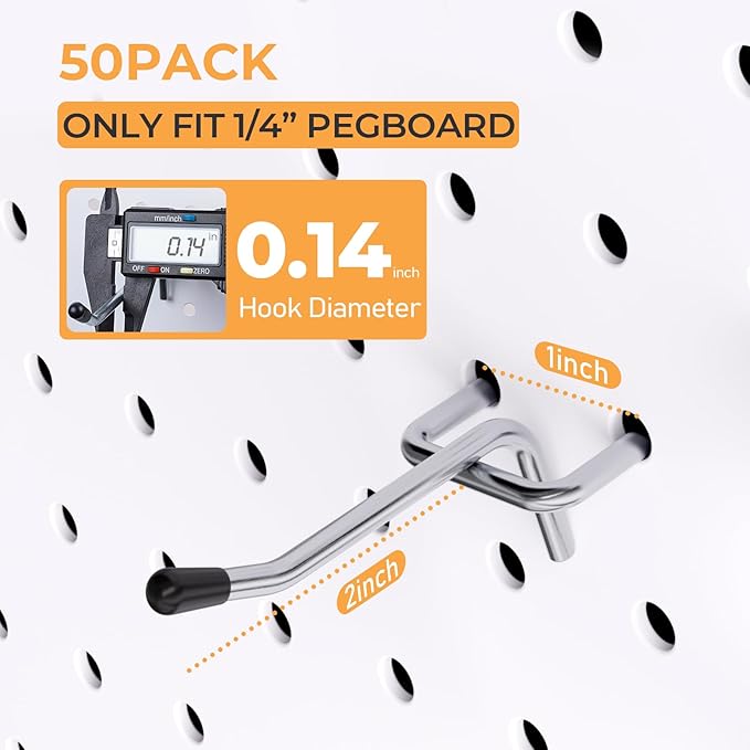 INCLY 50 Pack Pegboard Hooks, 2 Inch Metal Peg Board Hooks Accessories, Peg Board Tool Hangers Fit for 1/8“ and 1/4" Pegboard Hanging Tools for Garage, Craft Room, Kitchen, Store