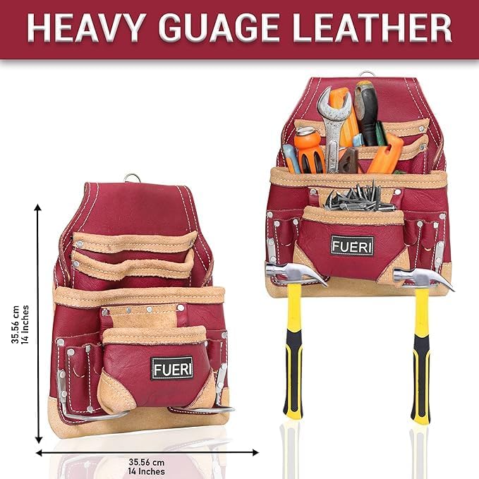 FUERI Leather Tool Belt Suspenders for Carpenters Construction Electricians Framers Bags Pouches Holder Organizer Set (16 Pocket Maroon Set, Adjustable)