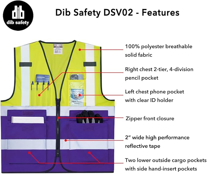 Dib Safety Reflective Vest High Visibility with Pockets and Zipper, Yellow and Purple L
