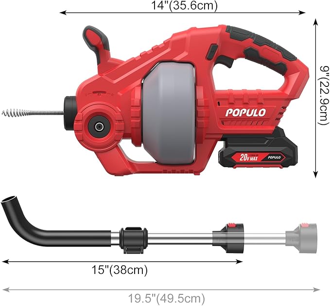 POPULO 20V Cordless Electric Drain Snake, 25Ft Replaceable Cable with 2.0Ah Battery, Extension Tube & Charger, Snake Drain Clog Remover Tool for Toilet, Floor Drain, Sink and Shower 3/4"-2" Pipe