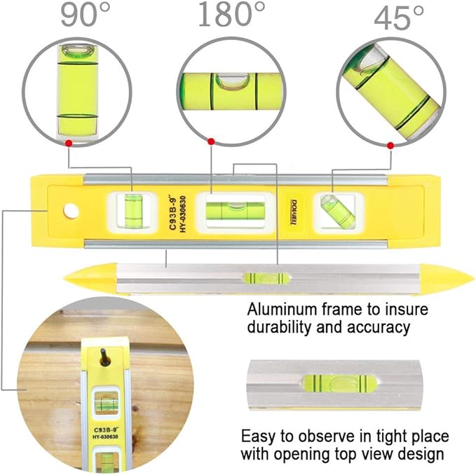 DOWELL 9 Inch Magnetic Box Level Torpedo Level,3 Different Bubbles/45°/90°/180°Measuring Shock Resistant Torpedo Level