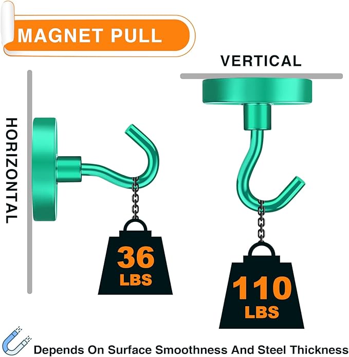 MIKEDE Strong Magnetic Hooks, 110Lbs Heavy Duty Magnetic Hooks for Cruise, Neodymium Earth Magnets with Hooks for Hanging, Super Metal Industrial Magnets for Grill, Storage (Green,10 Pack)