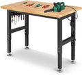 Work Bench for Garage 48 x 20 Inch Adjustable Height Rubberwood Tabletop Work Table with Pegboard, Power Outlets Garage Workbench for Woodworking Shop, Home, Office, Electronic Cutting Wood