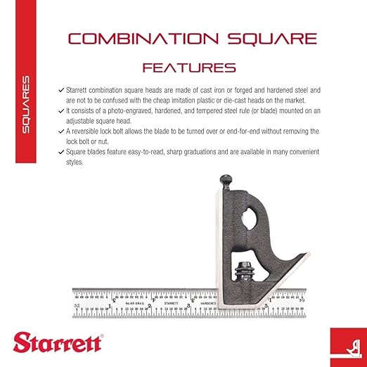 Starrett Steel Combination Square with Square Head - 6" Blade Length, Cast Iron Head, Hardened Steel, Reversible Lock Bolt, Scriber, 4R Graduation Type - C11H-6-4R