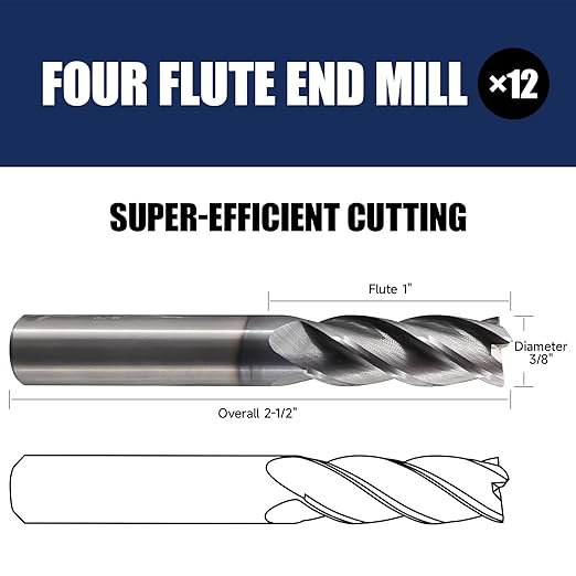 2 Pcs 3/8" Carbide Square End Mill, 4 -Flute TIALN Coated CNC Mill Bits for Steel, Alloy Steels, Hardened Steel, End Mills for Precision Milling Tasks, DIYers & Professionals