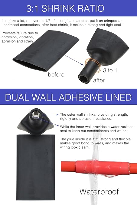 10 FT Diameter 1 Inch 3:1 Heat Shrink Tubing Dual Wall Adhesive Lined Marine Grade Electrical Cable Industrial Heat-Shrink Insulation Wrap Tube Black