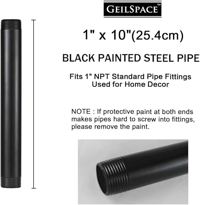 GeilSpace 1" × 10" Pre-Cut Black Metal Pipe, Industrial Steel Fits Standard One Inch Black Threaded Pipes and Fittings - Vintage DIY Industrial Shelving (1" × 10")