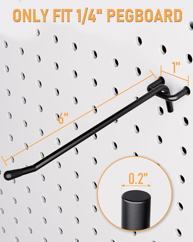 INCLY 60 Pack 6 Inch Black Pegboard Hooks, 1/4" Heavy Duty Peg Board Shelving Hooks Accessories, Peg Board Tool Hangers Only Fit 1/4" Pegboard Hanging Tools Garage, Craft Organizing, Kitchen, Store