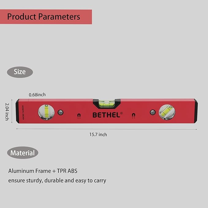 BETHEL Torpedo Level, 16" Magnetic Torpedo Spirit Level Tool with 3 Vials, 45°/90°/180°Degrees, Aluminum Shockproof Bubble Level, High Visibility Red Durable Measuring Leveler