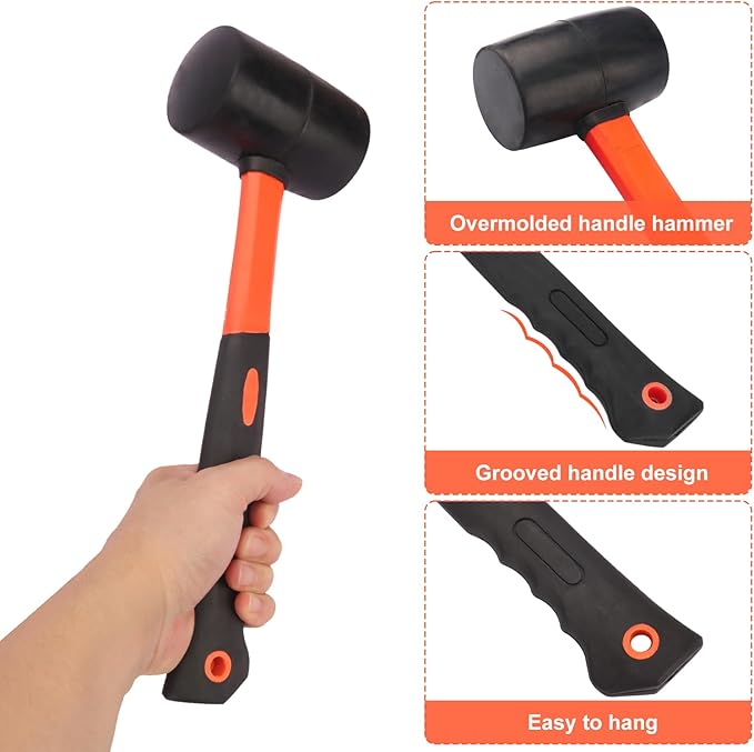  4 PCS 27 OZ Rubber Mallet, Rubber Hammer Head, Rubber Mallet Set With Black-Orange Fiberglass Handle Perfect For Wood, Metal, Plastic, Glass, And Ceramics. By GENHAKON