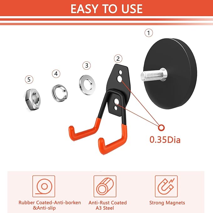 Heavy Duty Magnetic Garage Hook,4 Pack Strong Large Magnet Hooks for Power Drill,Garden Tools,Hose,Pegboard,Garage, Workshop,Magnetic Storage Hooks for Indoor Outdoor Hanging(Orange)