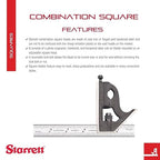 Starrett Steel Combination Square with Square Head - 6" Blade Length, Cast Iron Heads, Hardened Steel, Reversible Lock Bolt, Scriber, Spirit Level, 16R Graduation Type - 11H-6-16R