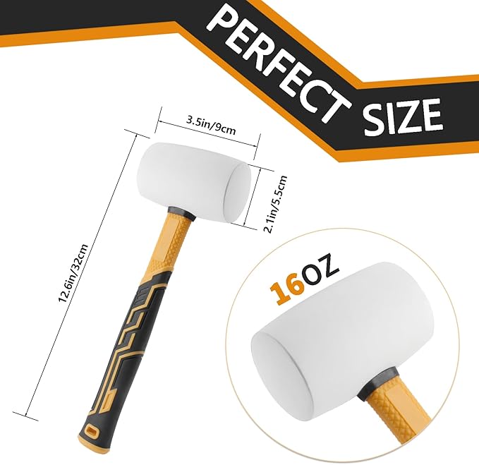 Rubber Mallet 16oz Fiberglass Handle White Rubber Mallet And 35mm Double-Faced Soft Mallet,Fiberglass Handle With Soft Grip for Flooring, Tent Stakes, Woodworking, Camping, Crafts
