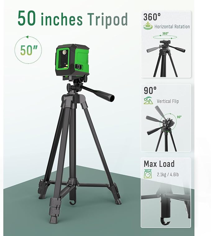 Laser Level with 50” Tripod, 360° Self Leveling Cross Line Laser Level, Green Beam Horizontal and Vertical Line leveler Tool for Hanging Pictures, Home Renovation with 4 AA Batteries & Carry Pouch