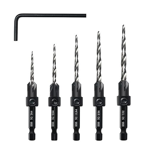 Countersink Drill Bit Set, 5PCS Tapered Drill Bits, M2 Countersink Set with 1/4" Hex Shank Quick Change and 1 Allen Wrench for Woodworking, Pilot Screw Hole Set for Soft & Hard Wood