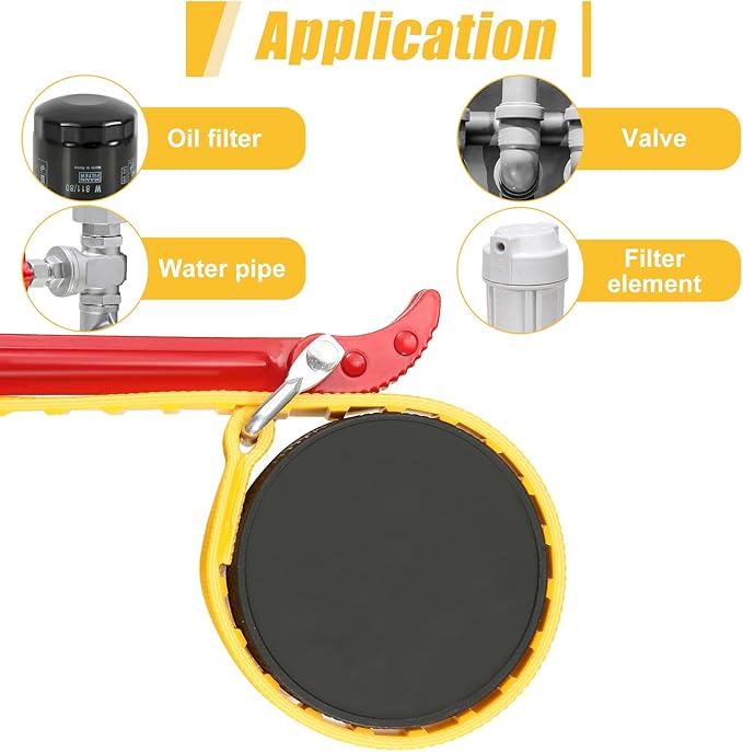 Belt Strap Wrench 8 Inches, Multifunctional Steel Handle Adjustable Strap Wrench for Replacing Water Filter, PVC Pipe Joints, Oil Filter, Swimming Pool Connection (Red Handle, Yellow Strap)