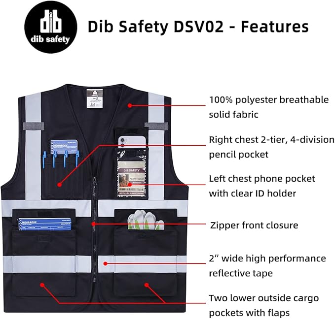 Dib Safety Reflective Vest High Visibility with Pockets and Zipper, Black 3XL
