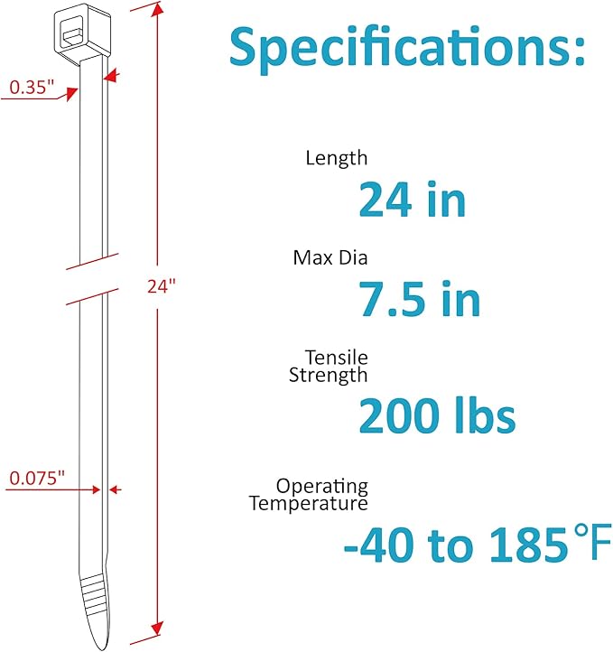 Long Zip Ties Heavy Duty 24 inch, Large Zip Ties with 200 lbs Tensile Strength, Big Cable Ties, Black, 50 Pack, by GAIIAN
