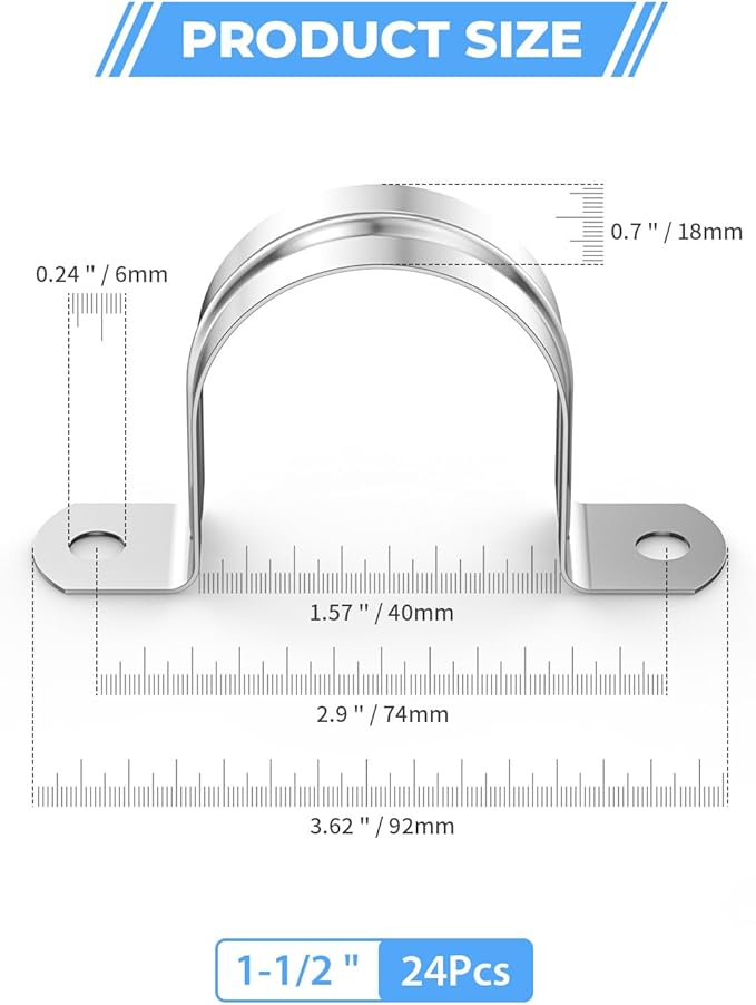 24Pcs 1 1/2 Inch (40mm) 304 Stainless Steel Conduit Clamps, U-Tube Strap Pipe Clamp Two Hole Strap U Bracket Rigid Pipe Metal Conduit Strap Tension Clips U-tube Clamp Heavy Duty