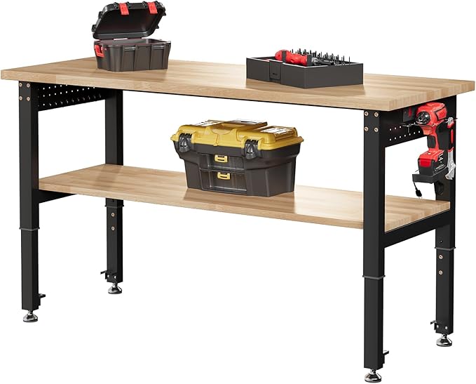 SPECRAFT Adjustable 2-Tier Workbench with 4 AC Outlet and 2 USB Ports Power Outlets, 2000 Lbs Capacity Heavy Duty Workbench, Rubber Wood Top for Garage, Workshop, Office（48x20in）