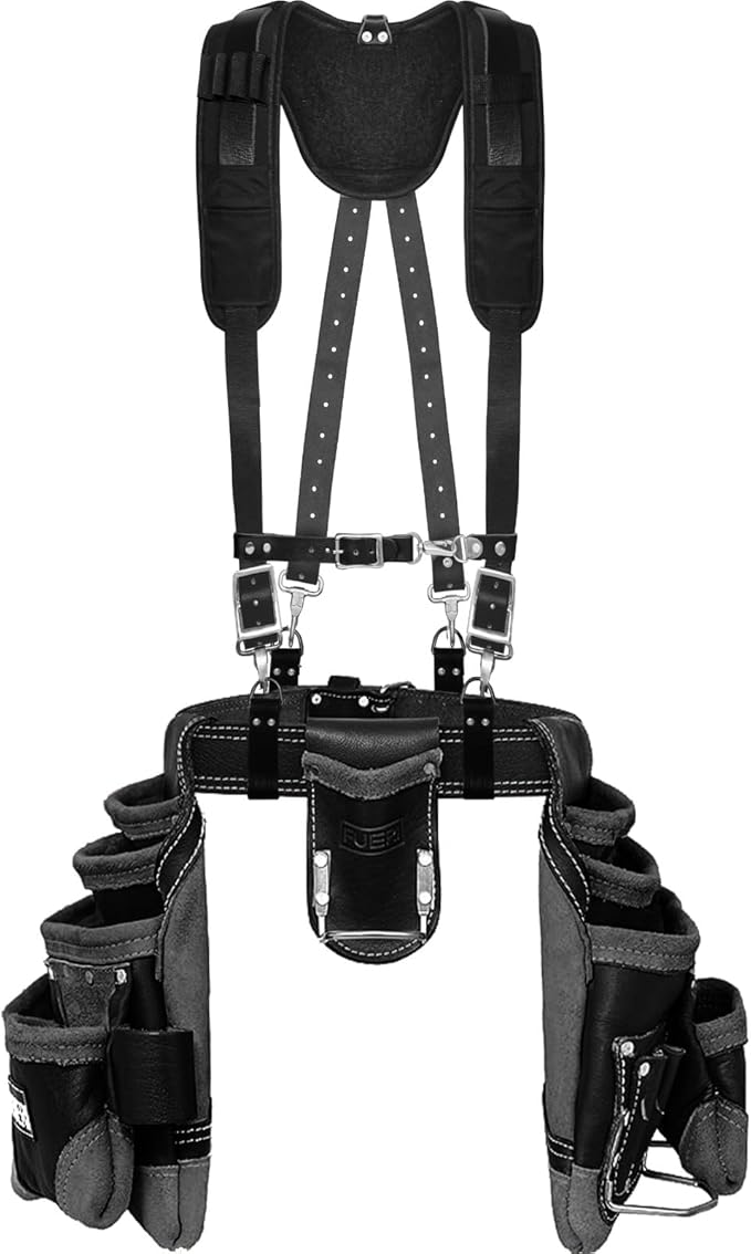 FUERI Leather Tool Belt with Suspenders Heavy Duty Bags Dual Hammer Holsters Tool Pouches for Men Construction Carpenters Electricians Framers Women Workers 16 Pockets