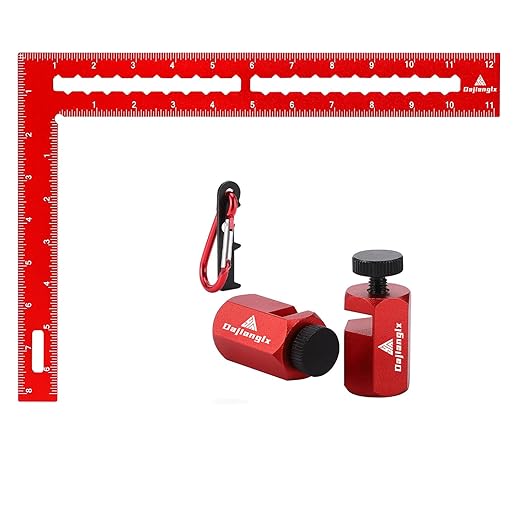 Carpenter Square 8 x 12 Inch and Tall Stair Gauges Set, for Framing Square Stop with Holder and Hook, Aluminum L Shape Angle Right Ruler, Red