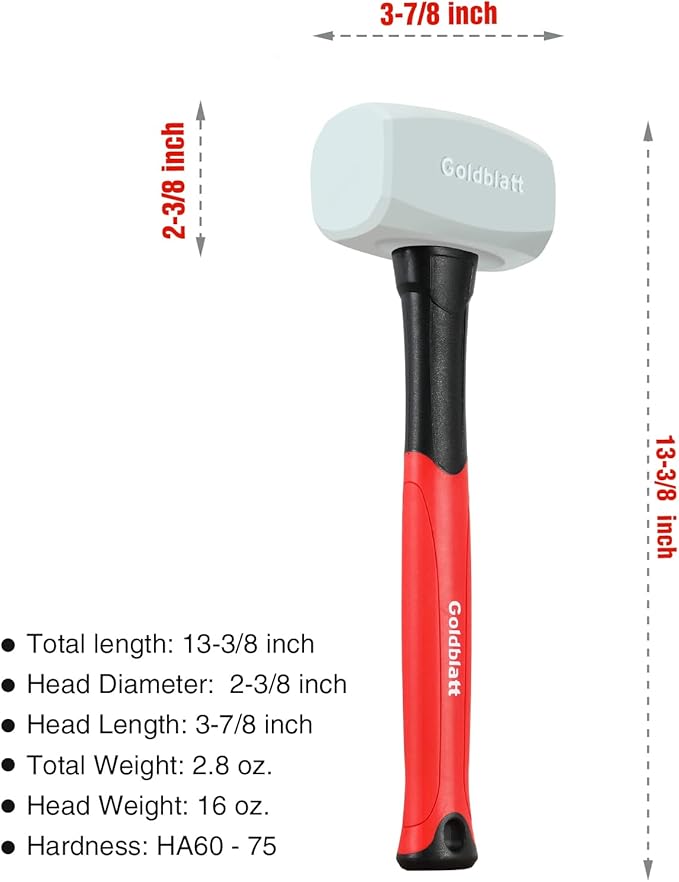 Goldblatt Rubber Mallet 16 oz. Low Recoil Rubber Hammer with Solid Head & Soft-grip Handle, Double-Faced Soft Mallets, Soft Blow Tasks, No Damage for Camping, Woodworking and Flooring | White